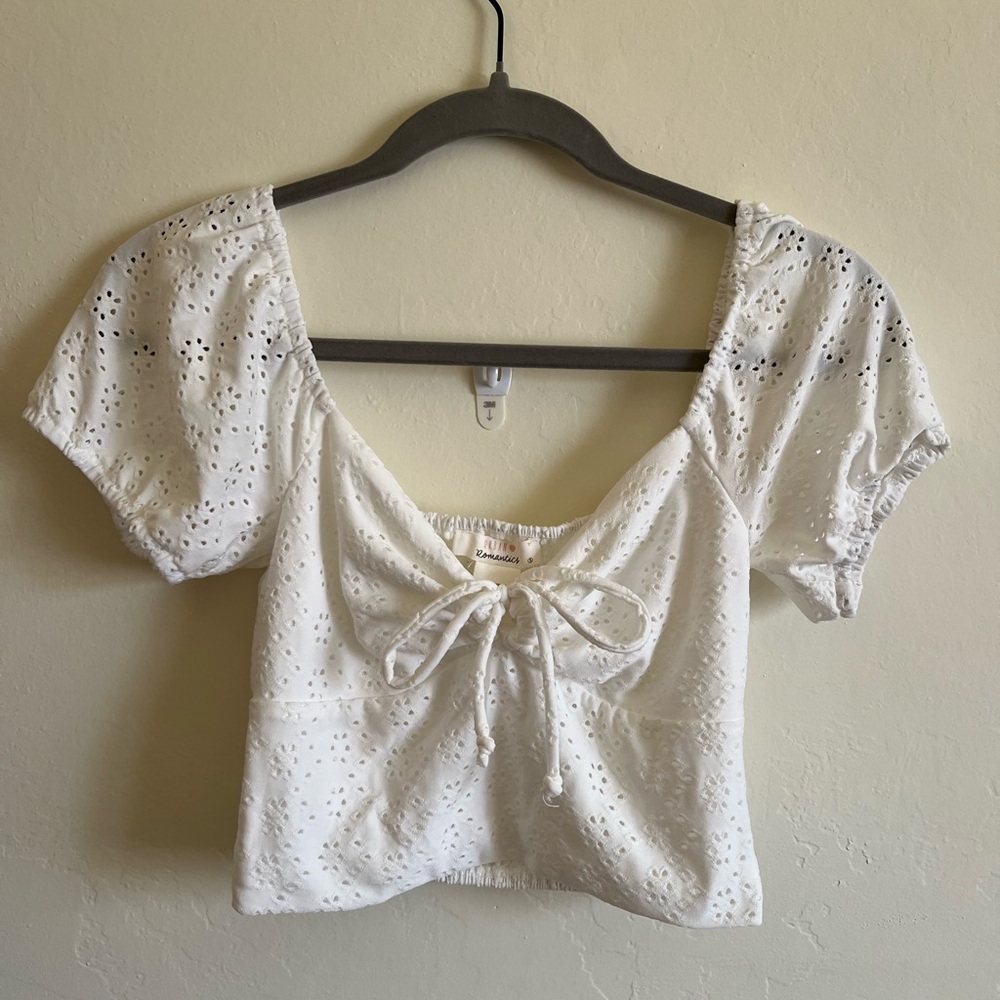 Urban Romantics Tie Front Eyelet Crop Top White Size Small
